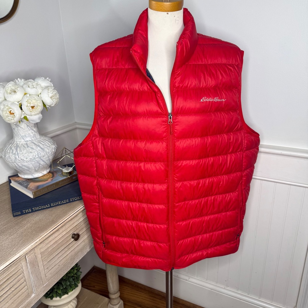 Eddie Bauer Mens Down Puffer Vest Red Full Zip Quilted Size 2XL